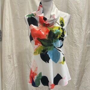 NATORI Sleeveless Cowl Neck Floral Print Blouse Preppy Colorful Artsy Size Small